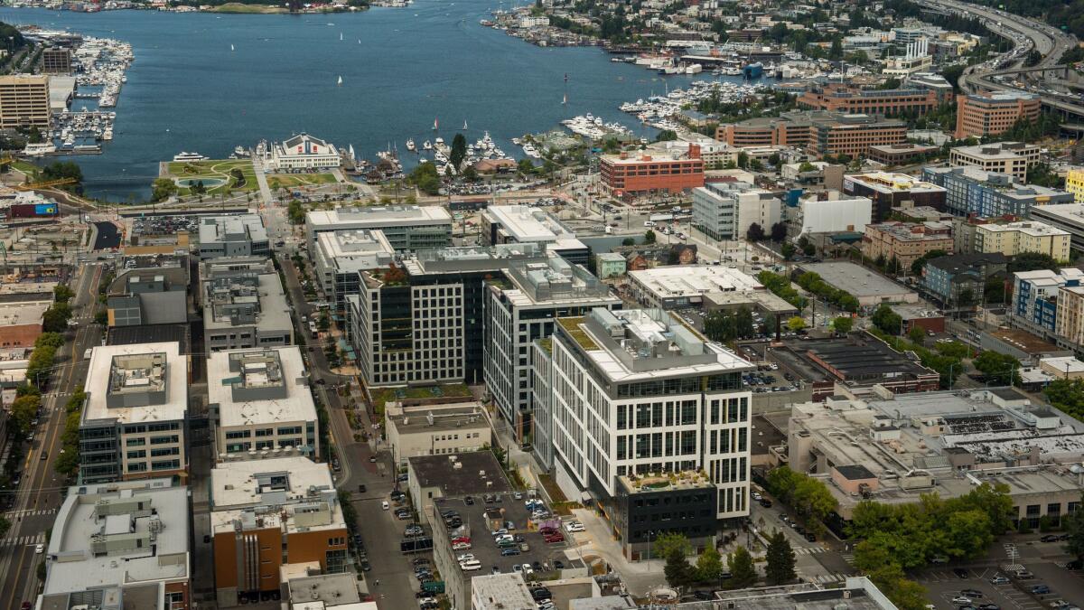 The Amazon campus, center, sprawls toward the south end of Lake Union in Seattle. The company wants to build a second headquarters, and Irvine is bidding to be the new location.