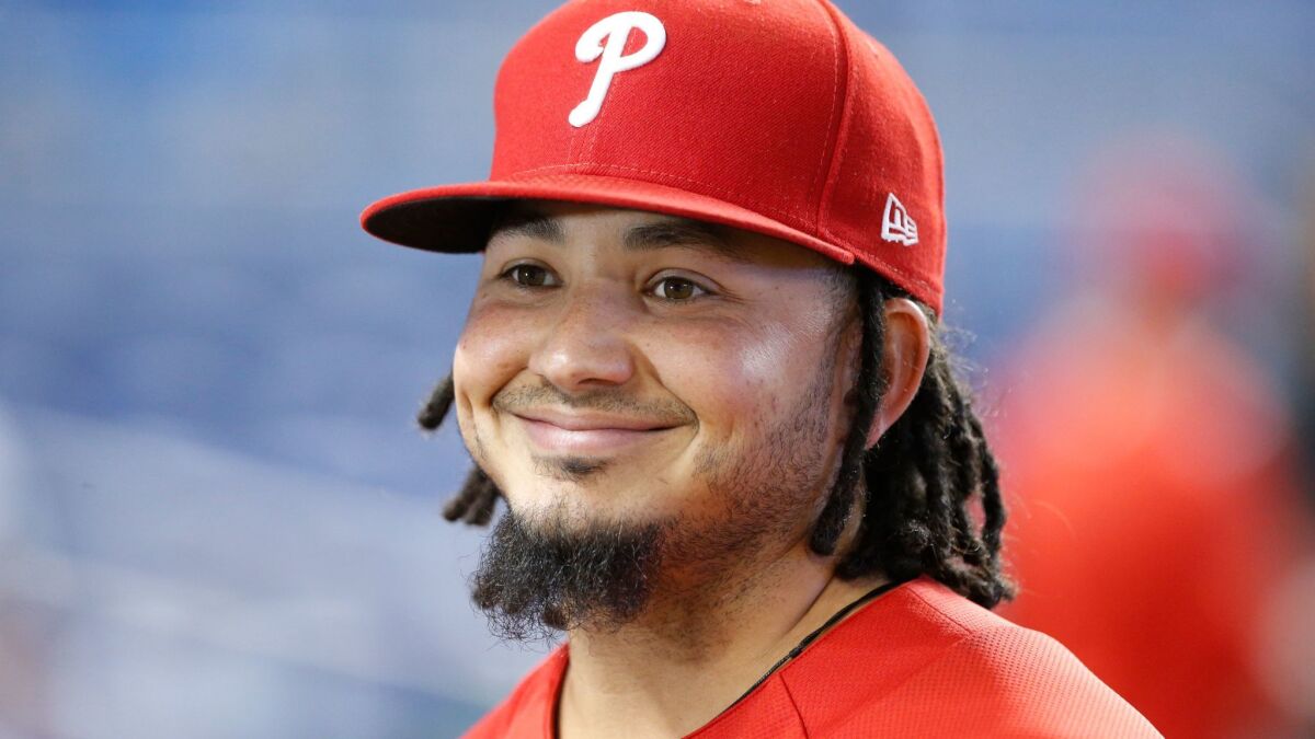 Shortstop Freddy Galvis smiles during an interview before the start of the Philadelphia Phillies' game against the Miami Marlins, Friday, Sept. 1, 2017, in Miami.