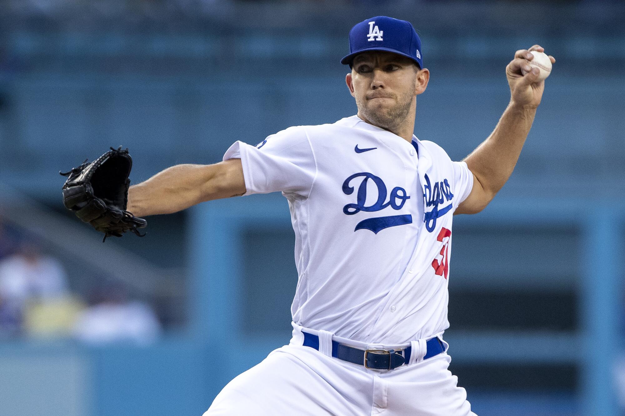 Dodgers starting pitcher Tyler Anderson delivers against the Miami Marlins on Friday night at Dodger Stadium.