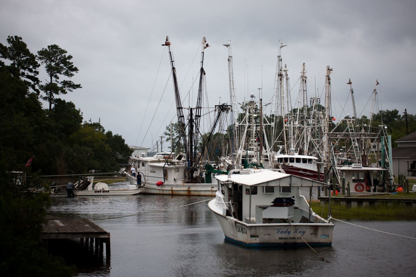 Shrimp boats are moored to the dock at Mitchell Seafood in Sneads Ferry, North Carolina on September 13, 2018 in advance of Hurricane Florence. - Hurricane Florence edged closer to the east coast of the US Thursday, with tropical-force winds and rain already lashing barrier islands just off the North Carolina mainland. The huge storm weakened to a Category 2 hurricane overnight, but forecasters warned that it still packed a dangerous punch, 110 mile-an-hour (175 kph) winds and torrential rains.