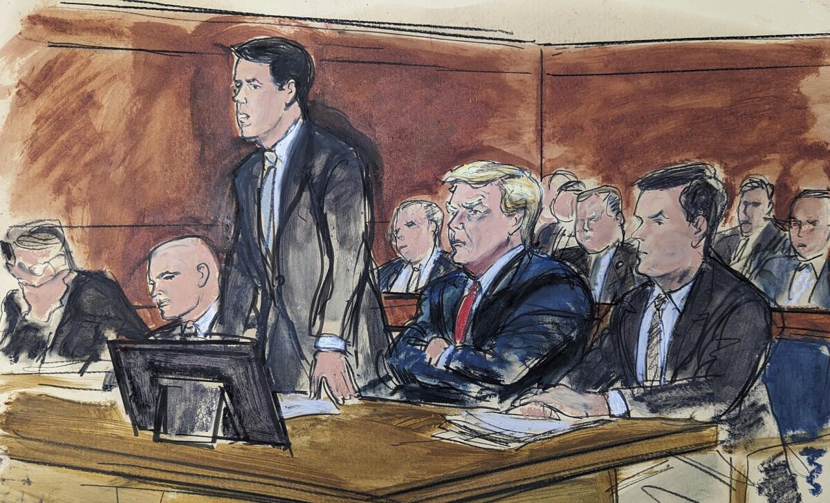 Donald Trump is seen seated with his arms crossed and flanked by lawyers in a courtroom sketch.