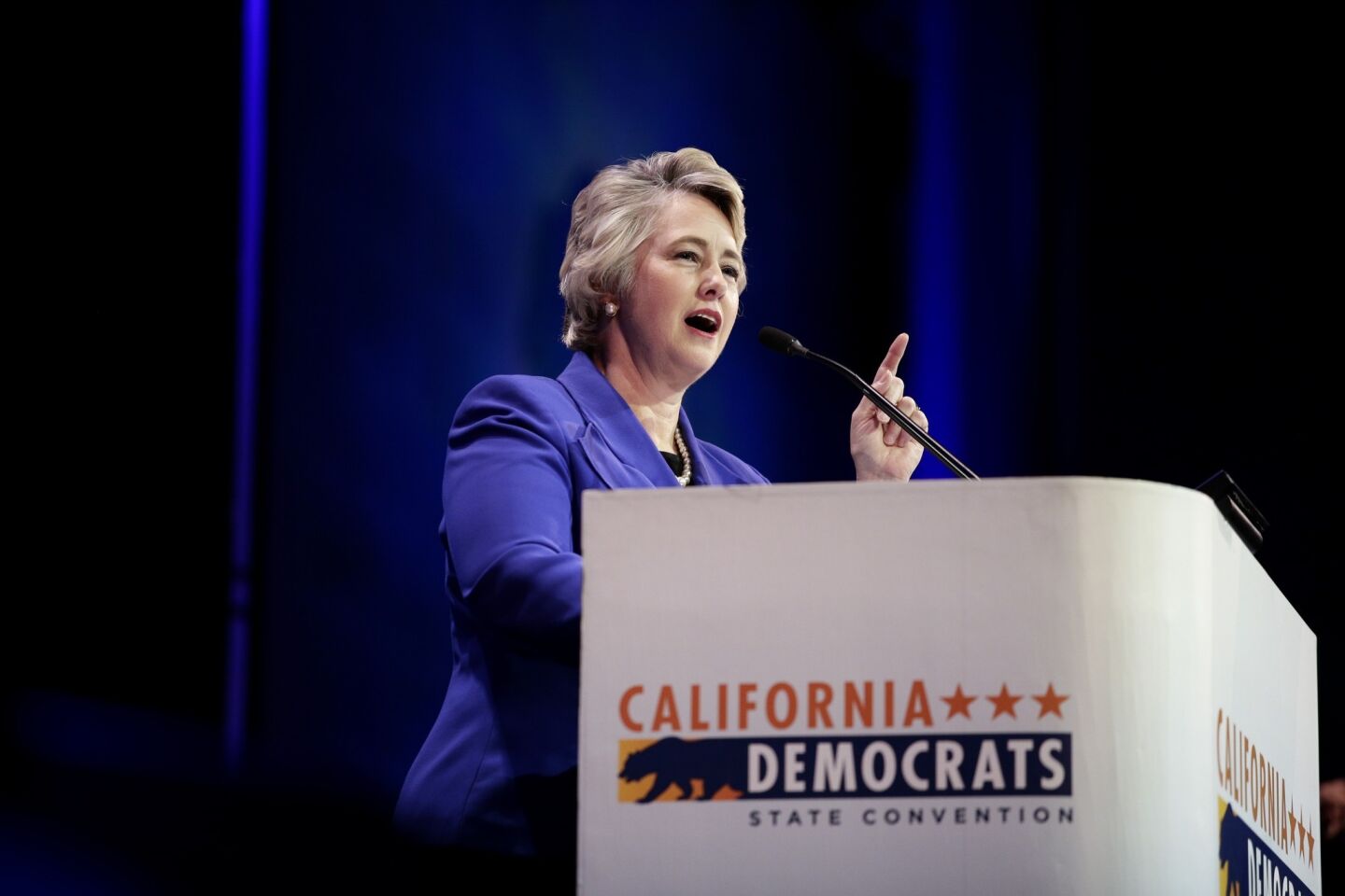 Houston Mayor Annise Parker speaks during a general session at the California Democrats State Convention on Saturday.