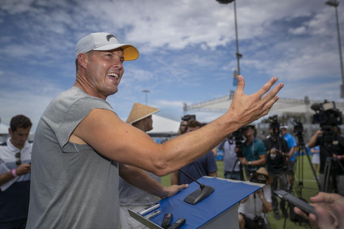 Chargers quarterback Philip Rivers speaks to the media on the first day of training camp at Jack R. Hammett Sports Complex in Costa Mesa on Thursday.