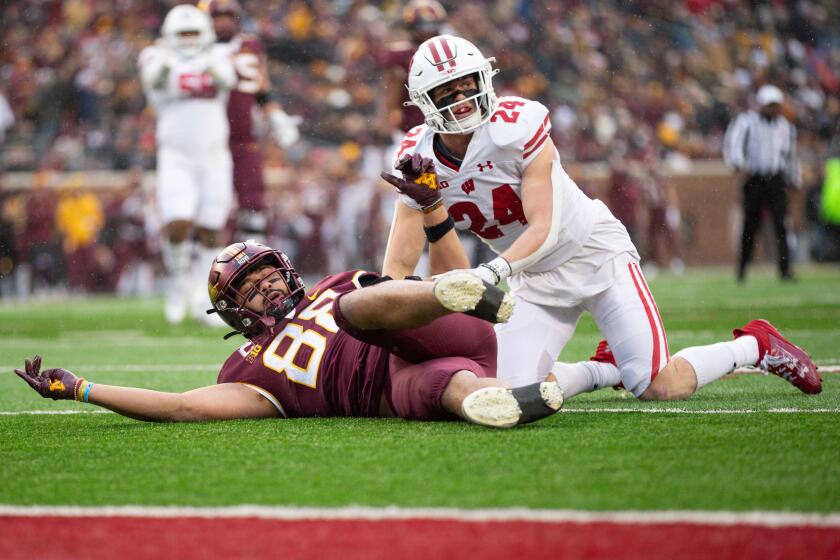 MINNEAPOLIS, MN - NOVEMBER 25: Wisconsin Badgers safety Hunter Wohler (24) gets a penally for interfering with Minnesota Golden Gophers tight end Brevyn Spann-Ford (88) during the college football game between the Wisconsin Badgers and the Minnesota Golden Gophers on November 25th, 2023, at Huntington Bank Stadium in Minneapolis, MN. (Photo by Bailey Hillesheim/Icon Sportswire via Getty Images)