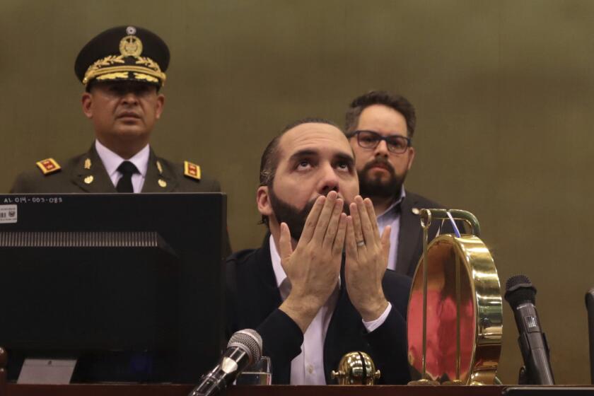 President Nayib Bukele during his intervention in the Congress, in San Salvador, El Salvador. Bukele entered Parliament on Sunday, guarded by military and police, some of whom also entered the premises, to begin an extraordinary session on a controversial loan to finance a security plan against gangs, but the assembly could not be held for lack of quorum, with only 20 deputies of the 84 present.