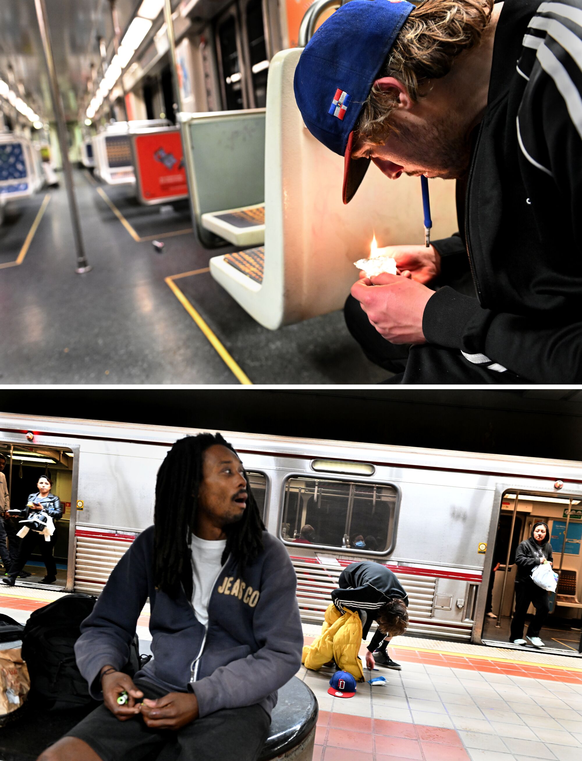 In the top image, a young man smokes a substance on an aluminum foil.  And below, a man sits on a subway bench as the train arrives