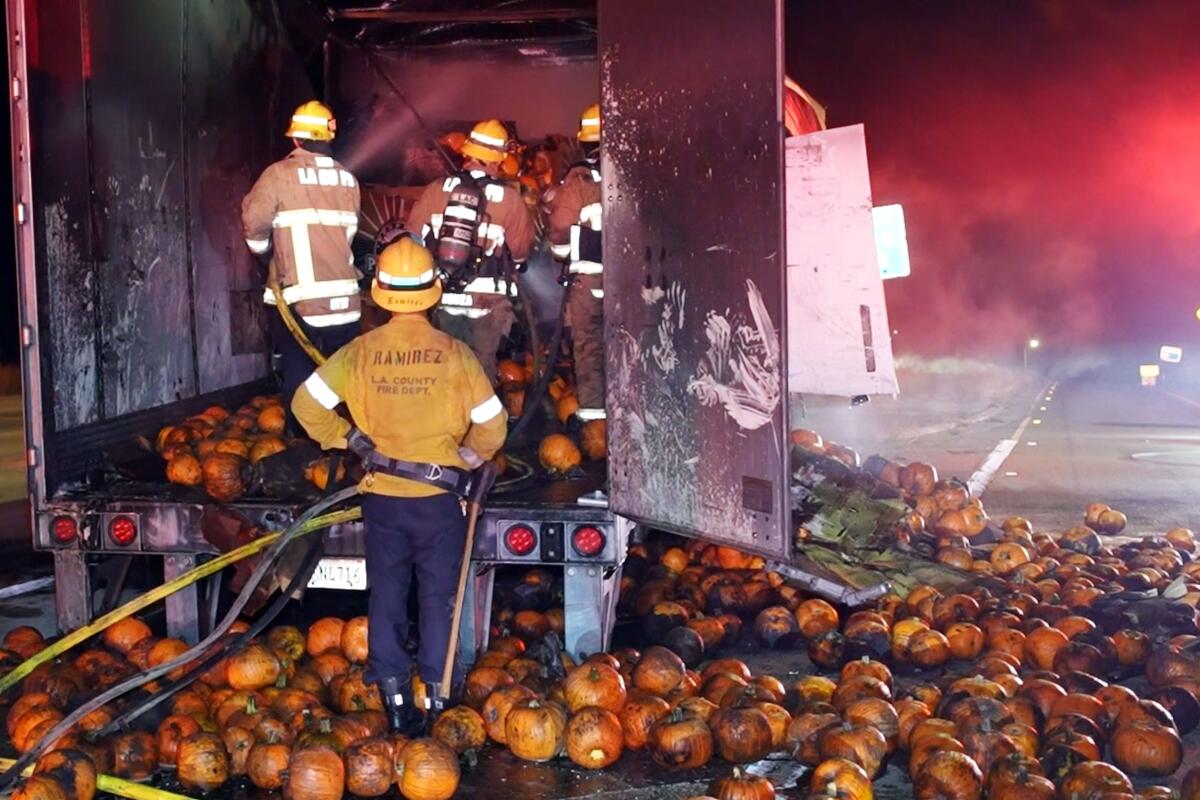 Firefighters stand amid charred pumpkins.