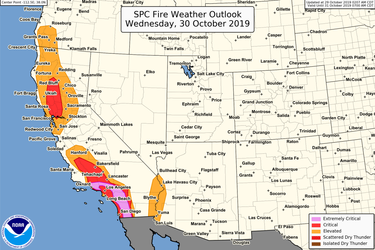 A map of a portion of the Western U.S. with colors indicating the fire weather forecast in parts of California for Oct. 30, 2019.