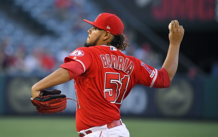 Angels starter Jaime Barria throws during the first inning of a 7-2 loss to the Detroit Tigers on Monday.
