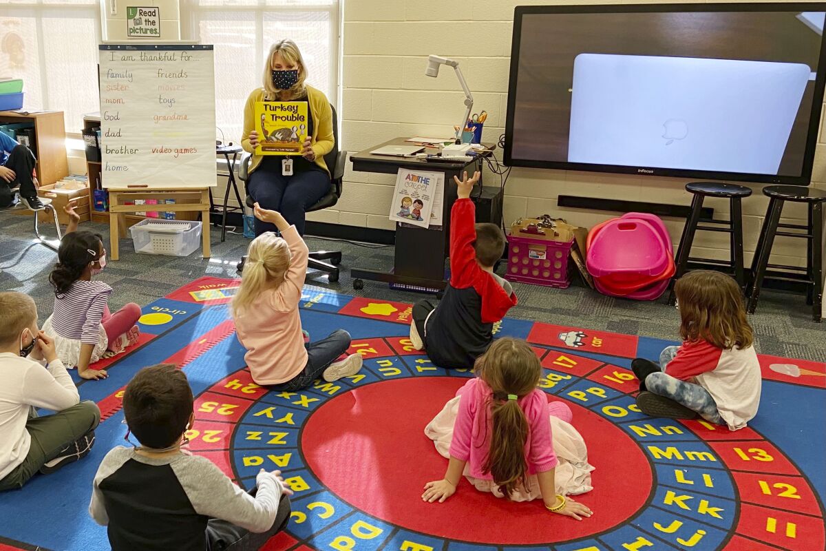 Kindergarten teacher Julie Mackett conducts her class at Ft. Meigs Elementary School in Perrysburg, Ohio