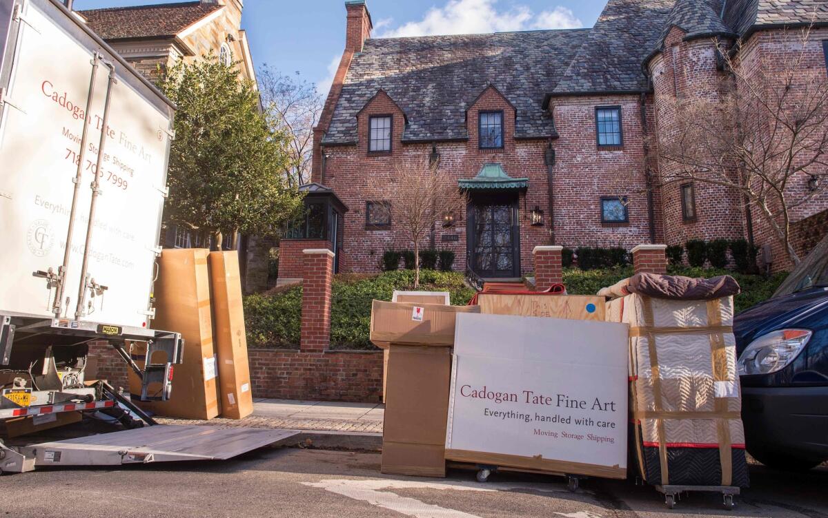 A moving truck parked outside the new home of the Obama family in the Kalorama neighborhood of Washington on Jan. 18, 2017.