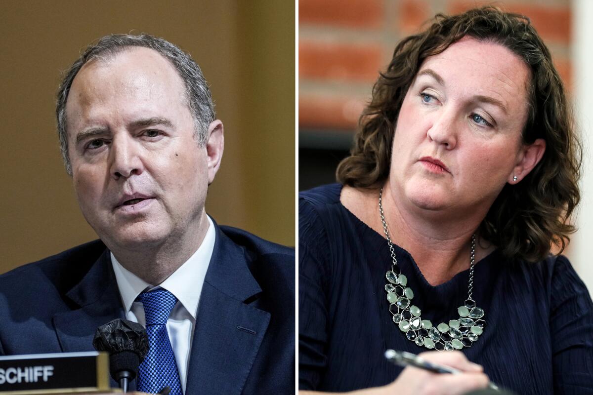  Side-by-side portraits of Reps. Adam B. Schiff and Katie Porter at work.