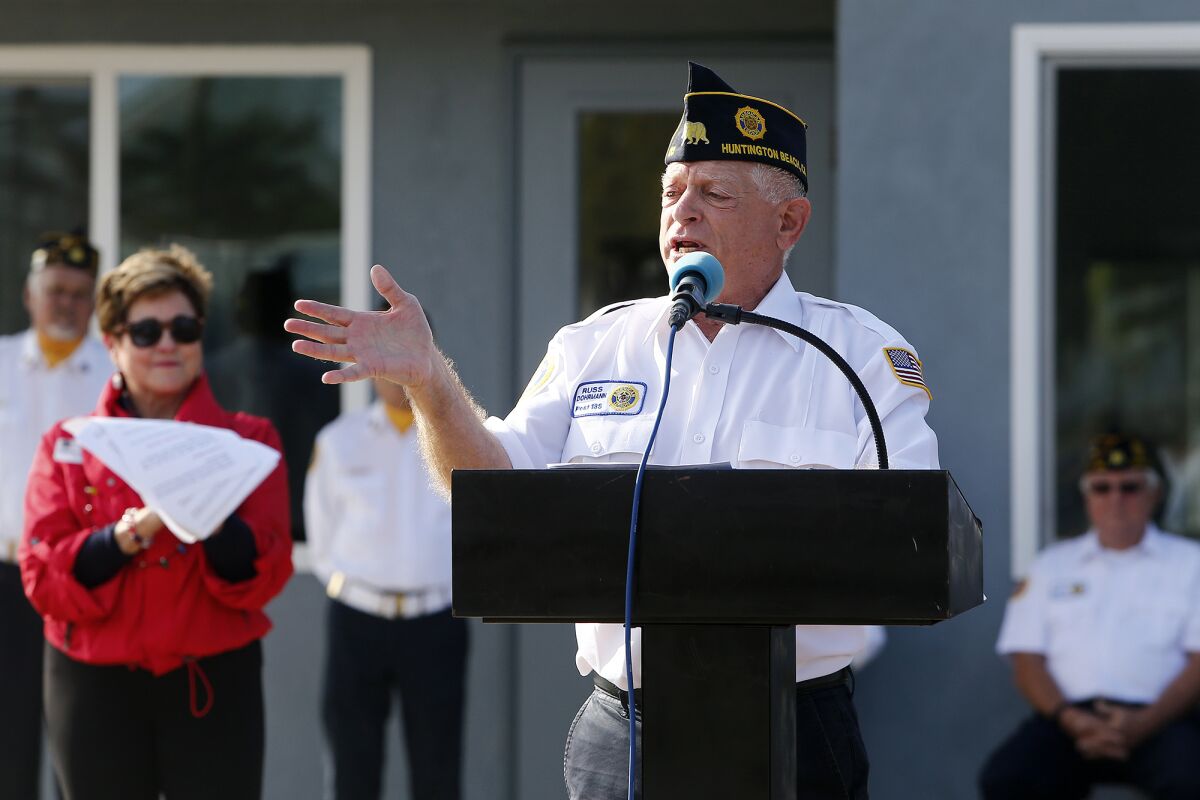 Russ Dohrmann, American Legion Post 133 commander, speaks during Saturday's dedication ceremony. 