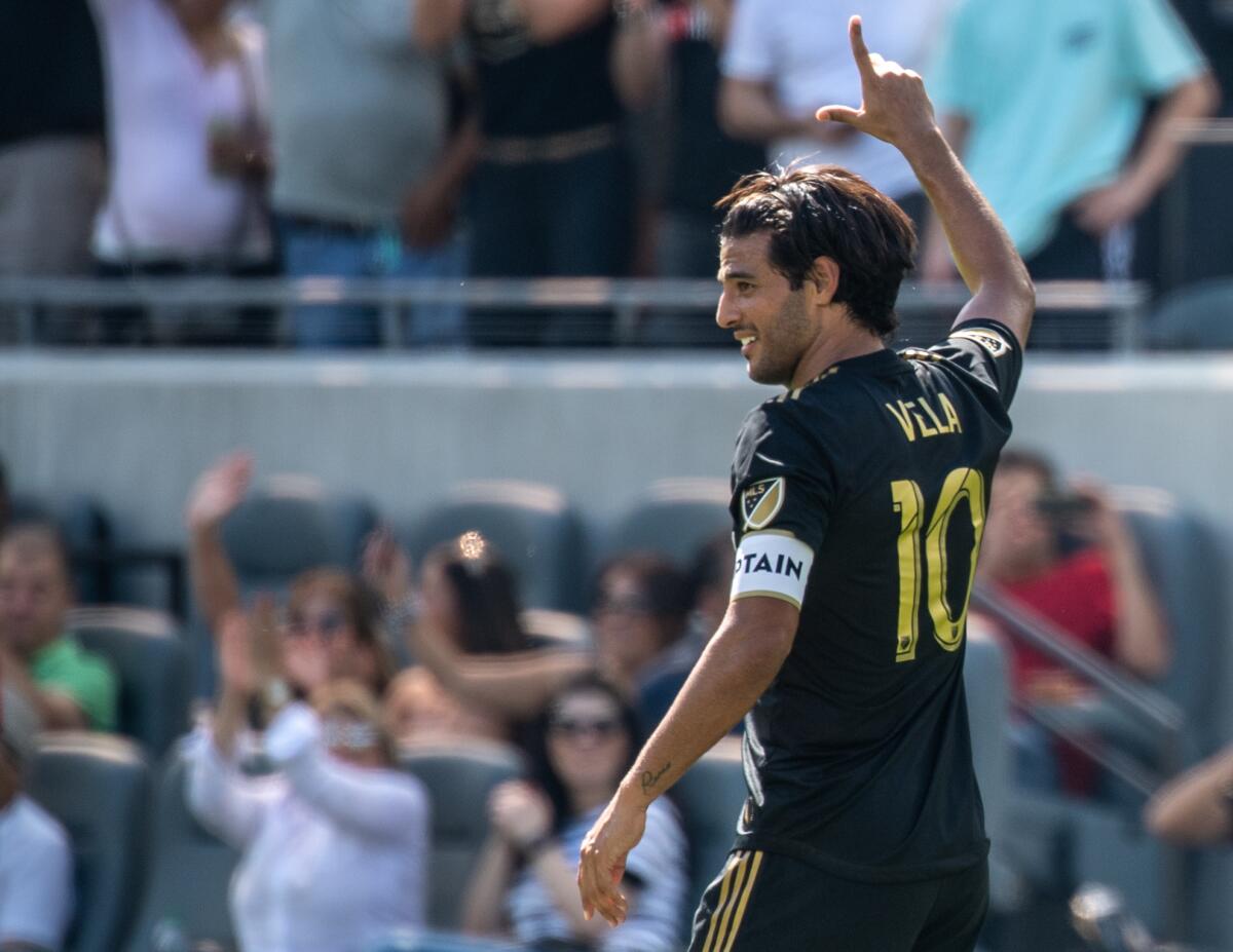 LAFC's Carlos Vela celebrates his first goal of the match against Sporting Kansas City at the Banc of California Stadium on Oct. 6.