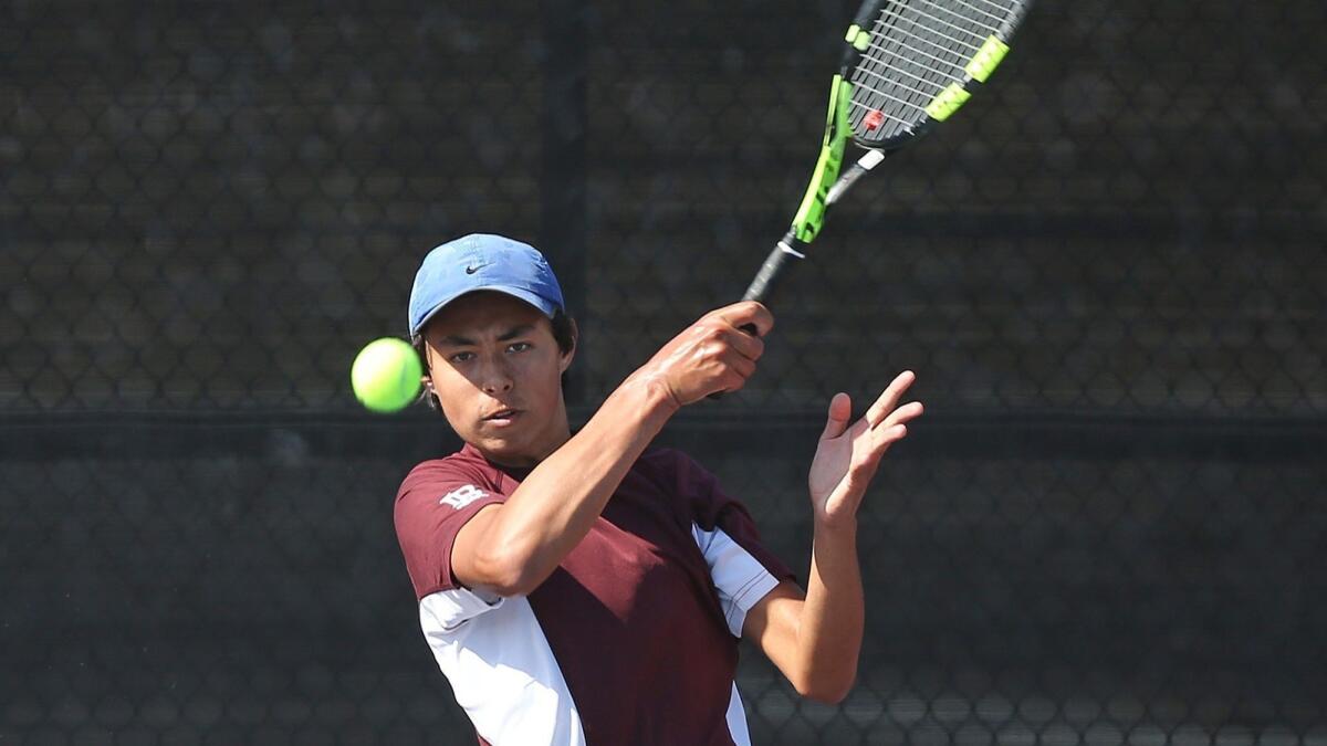 Mason Lebby, shown competing on May 9, helped the Laguna Beach High boys' tennis team win at Santa Ynez in the semifinals of the CIF Southern Section Division 4 playoffs on Wednesday.