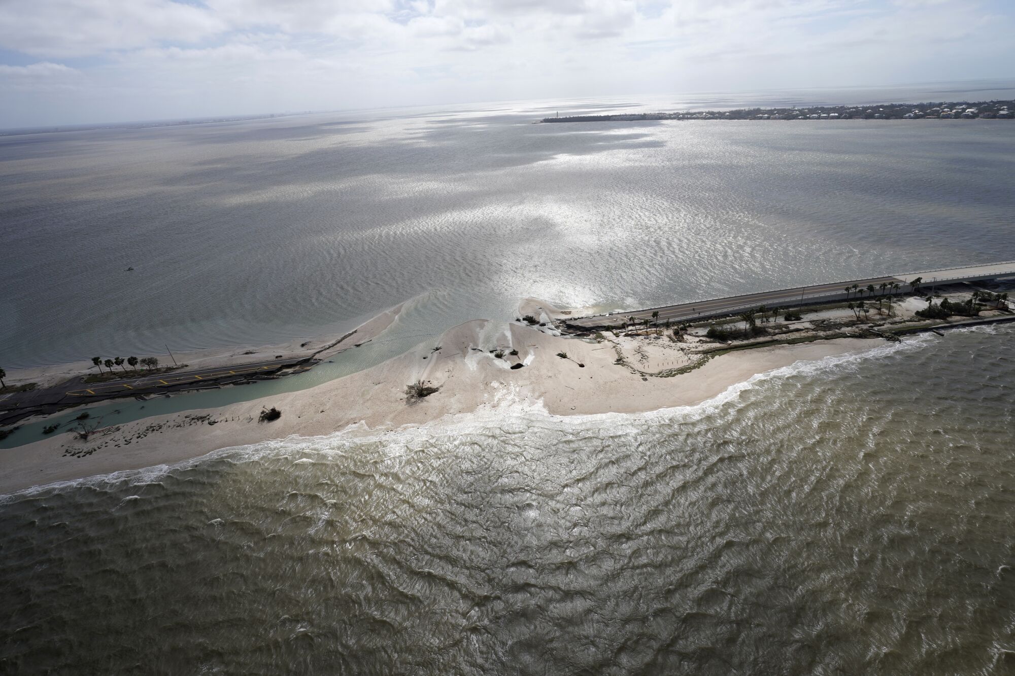 A damaged causeway to Florida's Sanibel Island is seen in the aftermath of Hurricane Ian.