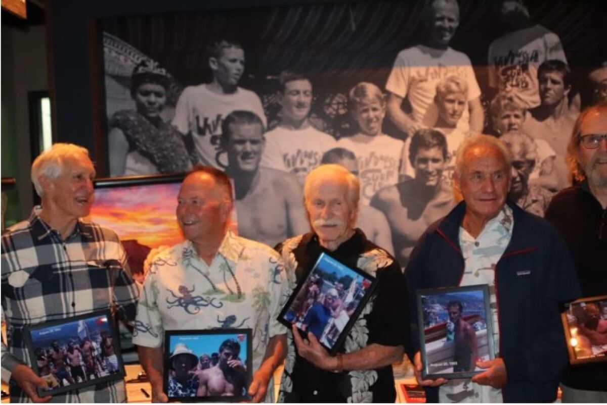 Windansea Surf Club charter members Mike Burner, Hank Warner, Mickey Madden, LJ Richards and Harold Reid
