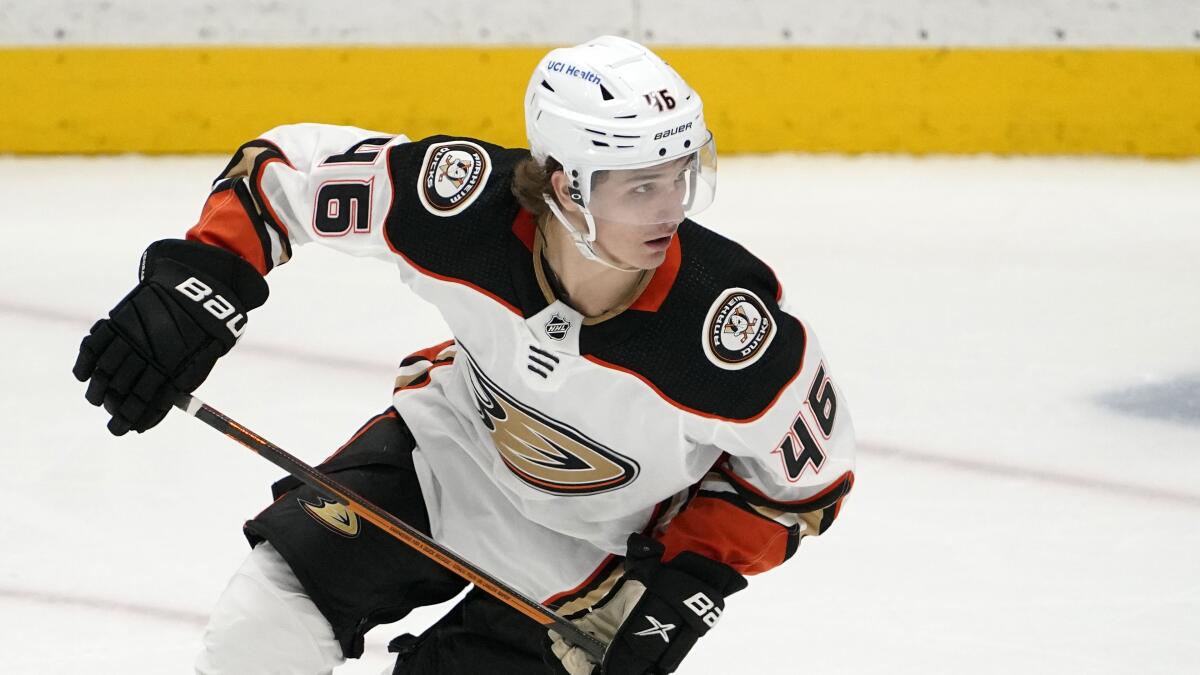 Ducks center Trevor Zegras skates.