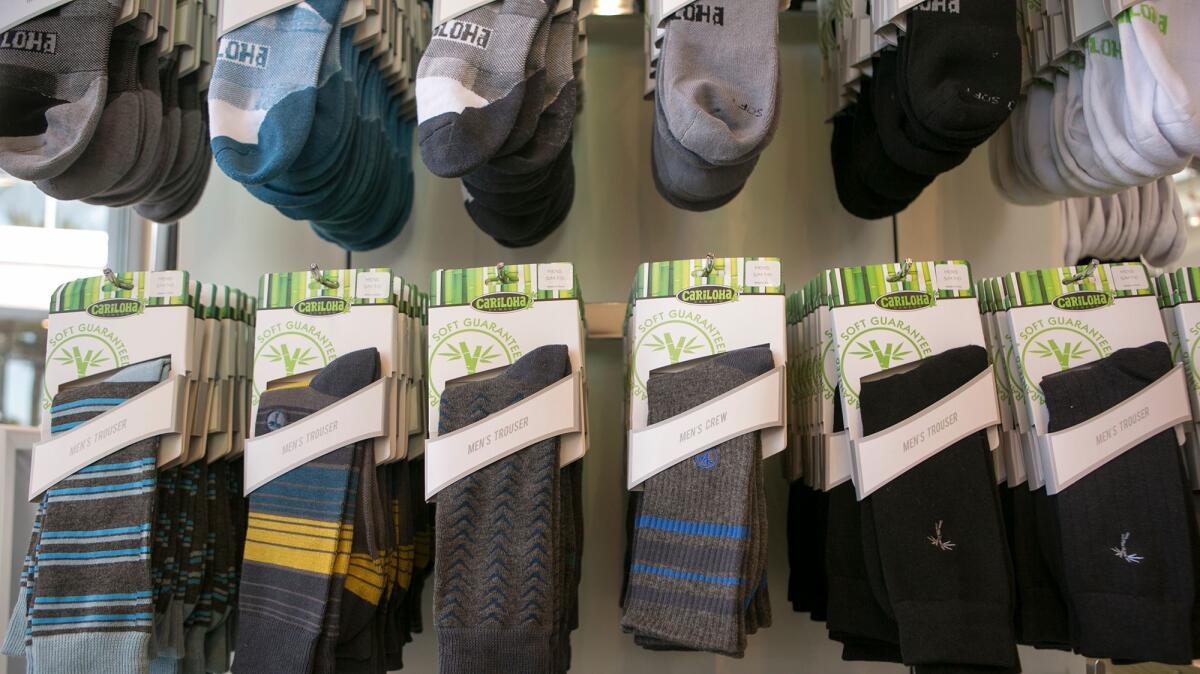 Socks made from bamboo spun into yarn are part of the clothing and other fabric items at Cariloha in Huntington Beach.