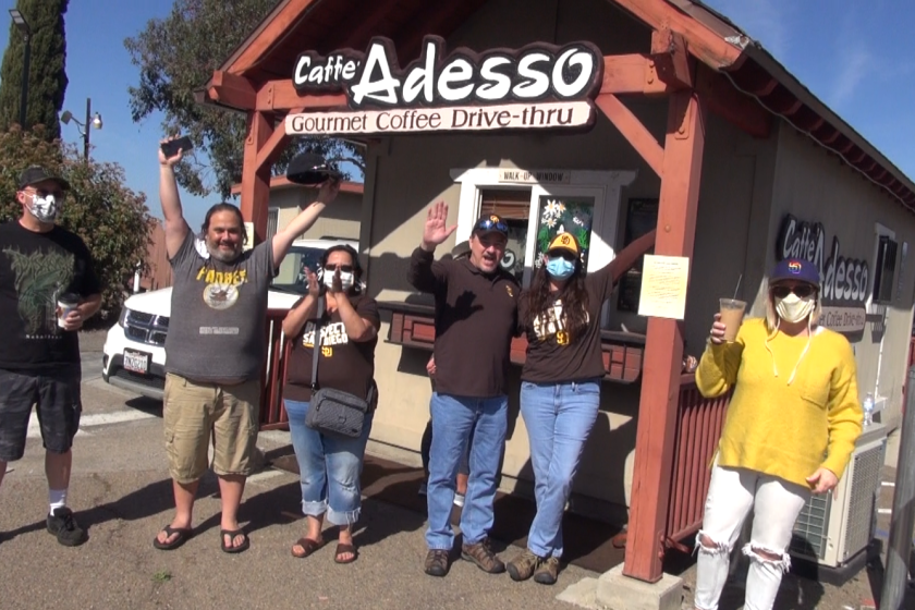 Fans congregate at Caffe Adesso in Alpine, a coffee shop owned by the Musgrove family, the morning after Joe Musgrove pitches a no-hitter.