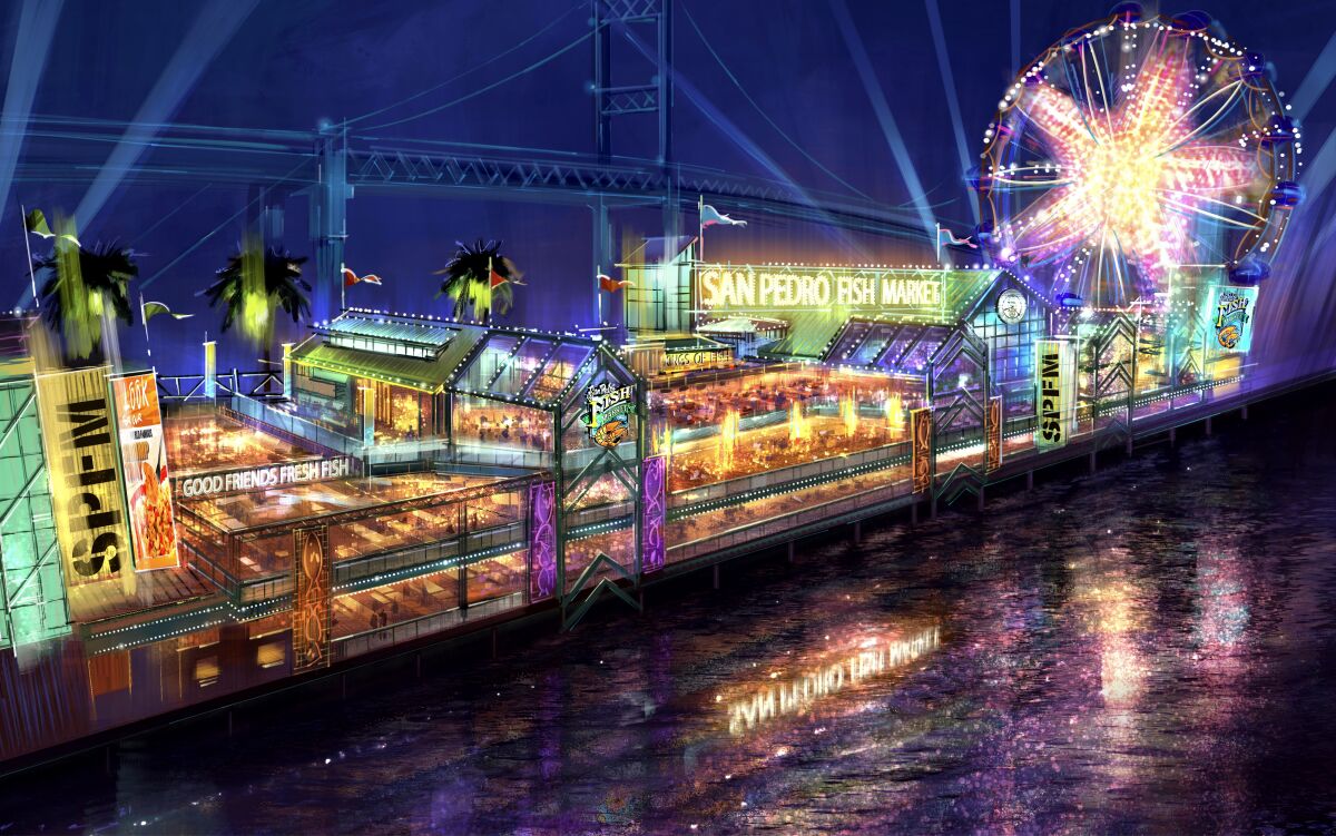 A drawing of buildings with lights and a Ferris wheel on the waterfront