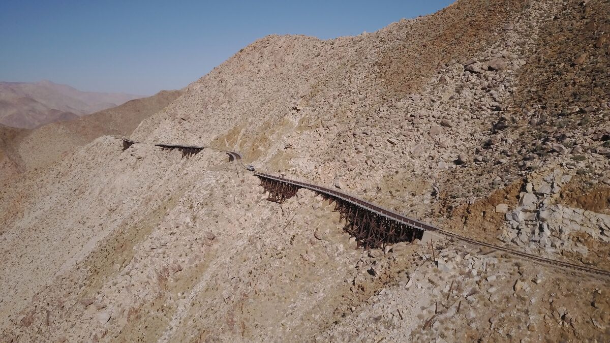 This stretch of the Desert Line shows "The Seven Sisters," a series of seven trestles clinging to the mountainside.