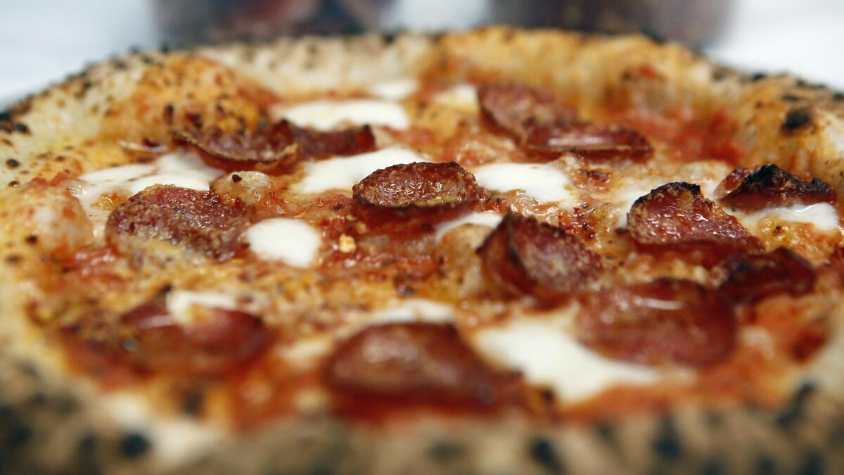 A spicy “pepperoni” pie (topped with Calabrian salumi) from the Vivace Pizzeria food truck.
