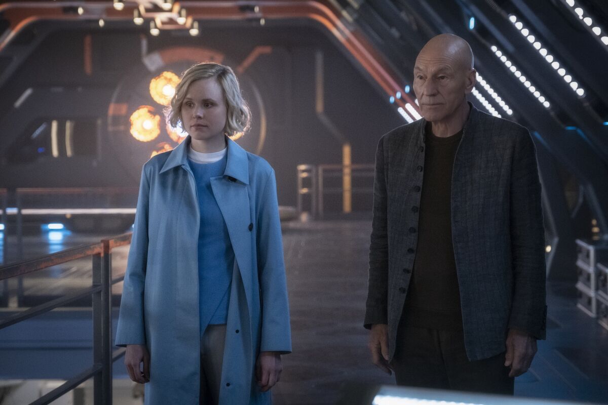 Alison Pill as Agnes Jurati, an expert in synthetic life, and Patrick Stewart as Admiral Jean-Luc Picard (ret.) join forces in "Star Trek: Picard."