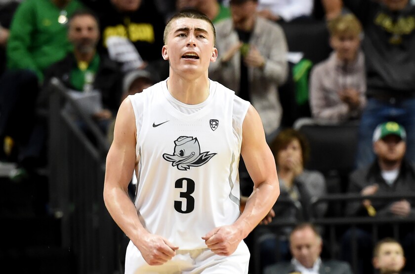 Oregon’s Payton Pritchard celebrates against Colorado on Feb. 13, 2020.