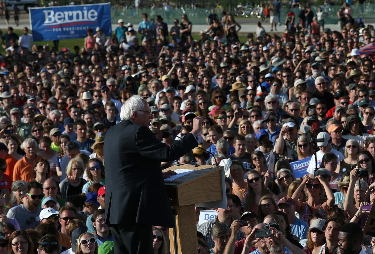 Sen. Bernie Sanders delivers remarks while officially announcing his candidacy for the U.S. presidency during an event in Burlington, Vt. on May 26.