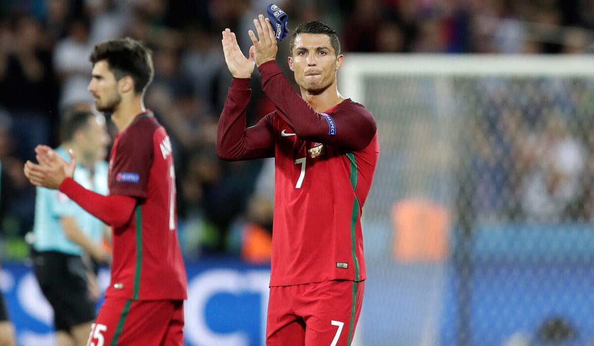 Portugal's Cristiano Ronaldo applauds the supporters at the end of the Euro 2016 Group F soccer match between Portugal and Iceland on Tueday.