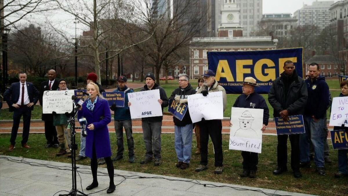 Rep. Mary Gay Scanlon (D-Pa.) speaks during a federal workers union demonstration against the partial government shutdown at Independence Hall in Philadelphia.
