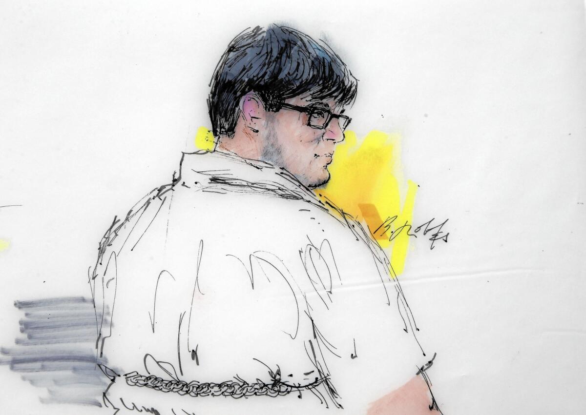In this sketch, Enrique Marquez Jr. appears in federal court in Riverside. He was charged with buying the rifles used in the massacre at the Inland Regional Center in San Bernardino on Dec. 2.