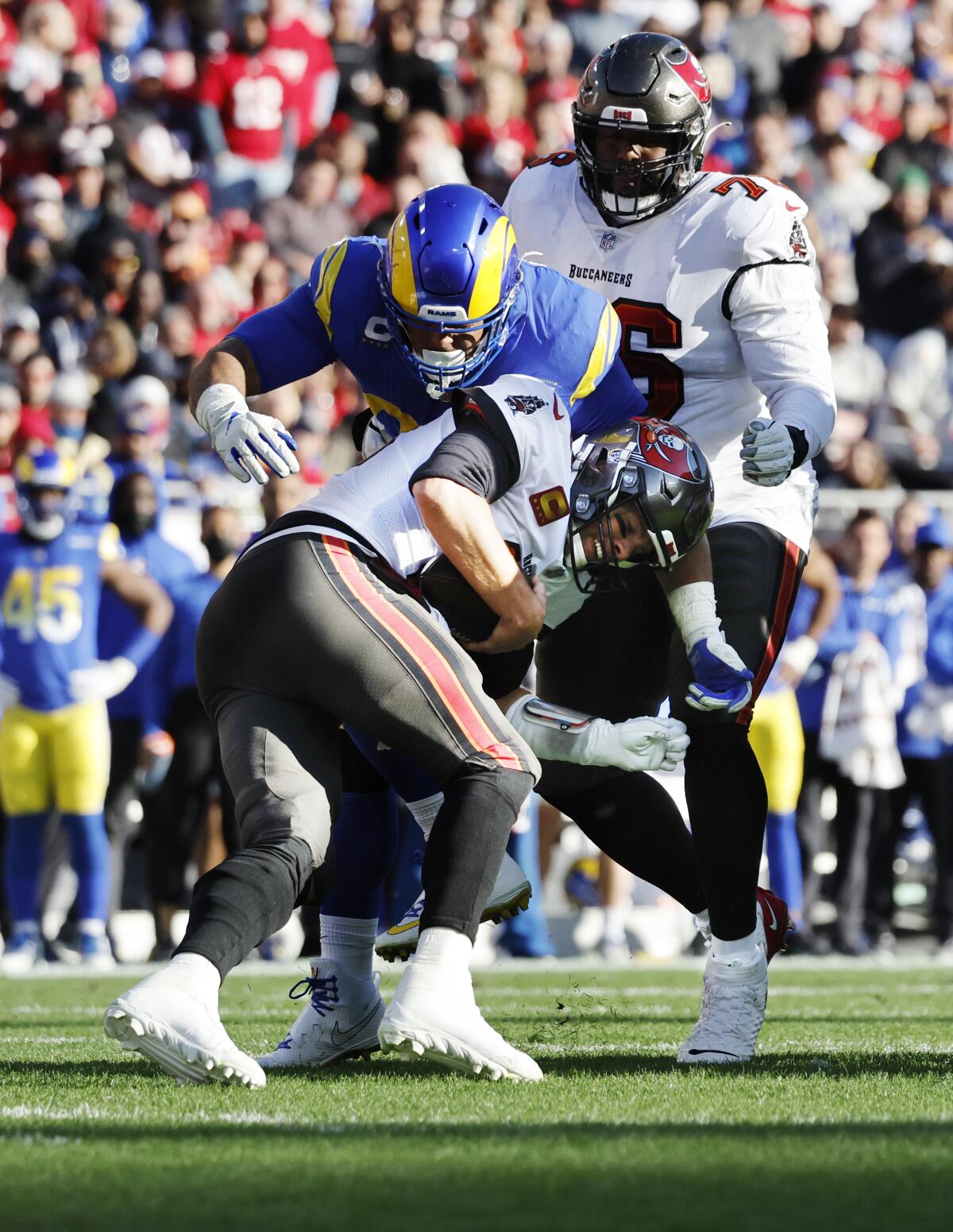 Rams defensive end Aaron Donald sacks Tampa Bay Buccaneers quarterback Tom Brady in the second quarter.