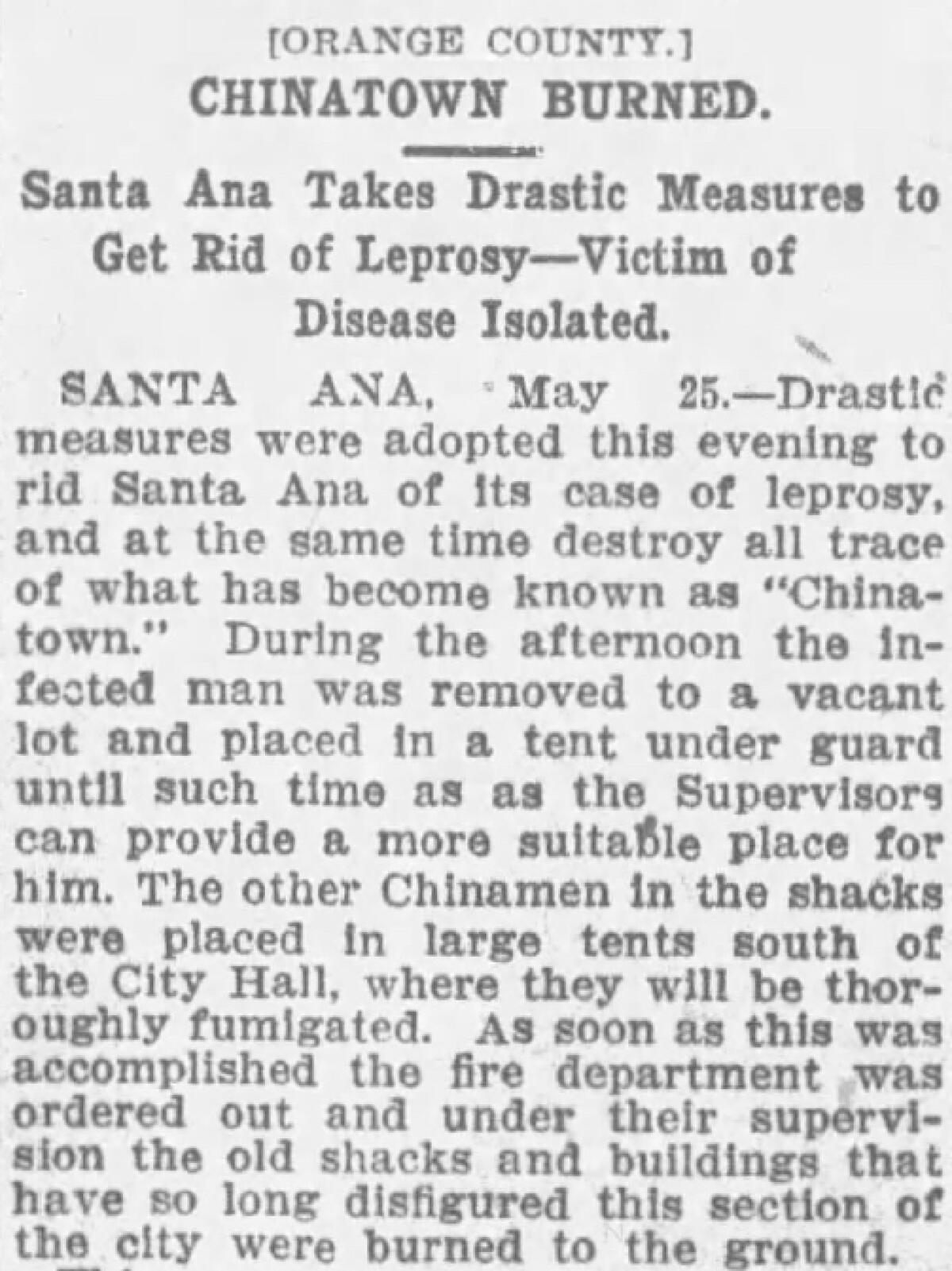 A newspaper clipping with the headline Chinatown Burned: Santa Ana takes drastic measures to get rid of leprosy