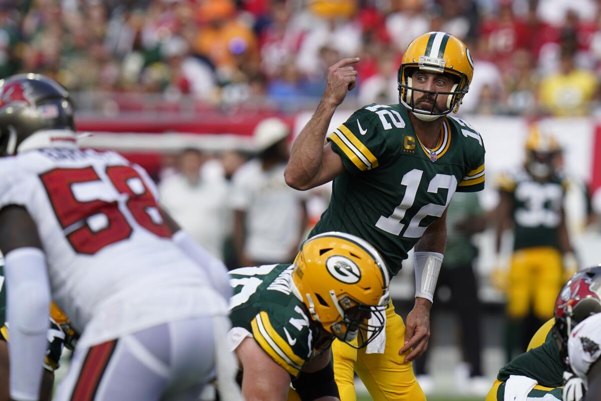 Green Bay Packers quarterback Aaron Rodgers calls a play against the Tampa Bay Buccaneers.