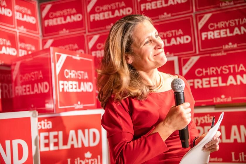 TORONTO, ON - OCTOBER 21: Newly reelected Liberal party member Chrystia Freeland gives a speech, following Canada's 43rd general election, at The Peacock Public House on October 21, 2019. in Toronto, Ontario, Canada. The Liberal Party won a minority government and Justin Trudeau will continue as the country's Prime Minister. (Photo by Brett Gundlock/Getty Images)
