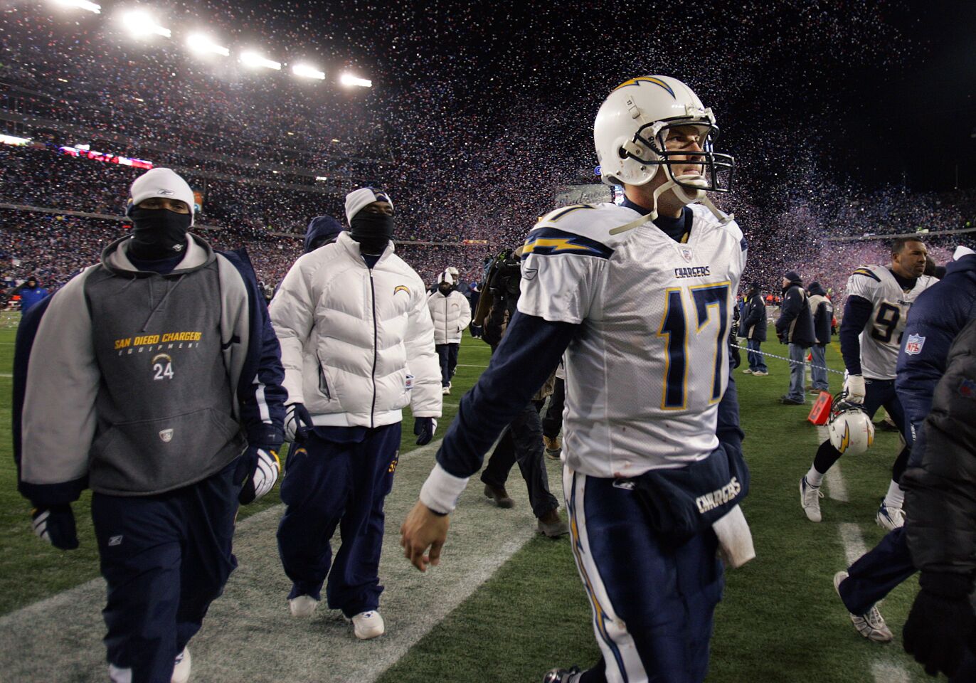 Chargers Philip Rivers of the San Diego Chargers walks off after a loss in the AFC Championship game to the New England Patriots on January 20, 2008 at Gillette Stadium.