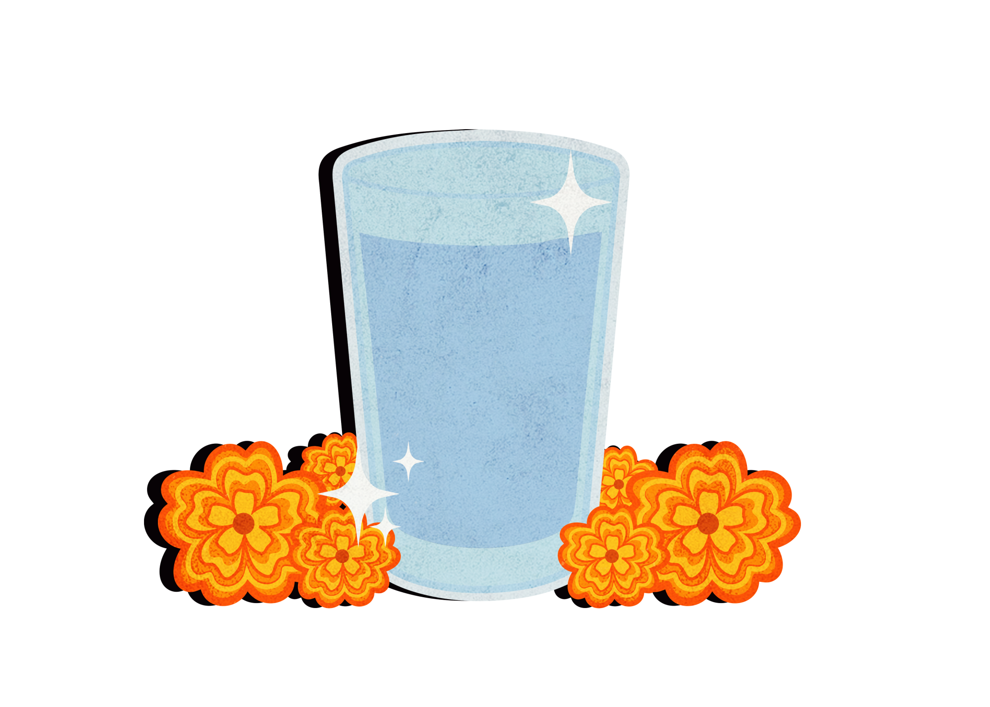 A drawing of a glass of water among orange flowers.
