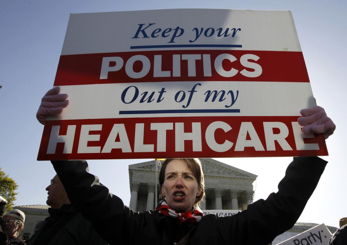 A large faction in the House wants to hold funding for the rest of the government hostage until Democrats agree to stop implementing Obamacare. Above: An opponent of the Affordable Care Act is seen demonstrating in front of the White House in 2012.