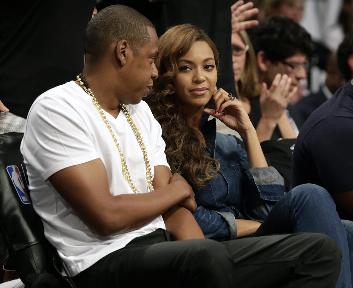Jay Z and Beyonce during an NBA playoff game Monday night at Barclays Center in Brooklyn, N.Y.