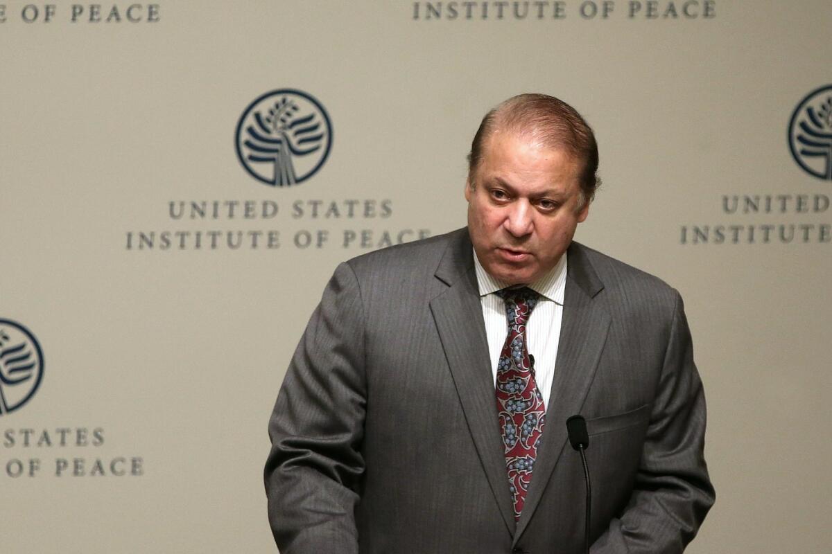 Pakistani Prime Minister Nawaz Sharif speaks at the United States Institute of Peace in Washington on Tuesday. He meets President Obama at the White House on Wednesday for talks on the multitude of security and political strains that burden U.S.-Pakistani relations.