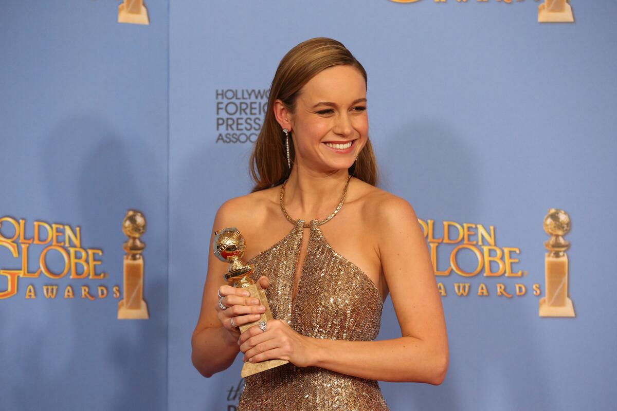 Brie Larson in the pressroom at the 73rd Golden Globe Awards.