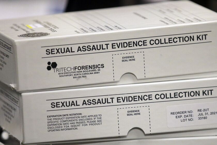 FILE - This Feb. 8, 2017, file photo, sexual assault evidence collection kits are shown during committee meeting at the Utah State Capitol, in Salt Lake City. The backlog of untested rape kits is growing even after state lawmakers passed a law in 2017 to address the issue, in part because the legislature didn't provide enough money to hire the necessary technicians for the state crime lab, KUTV reports. (AP Photo/Rick Bowmer, File )