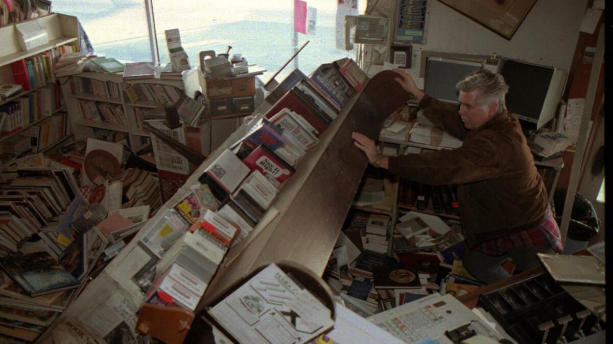 Dave Dutton in the bookstore after the Northridge earthquake.