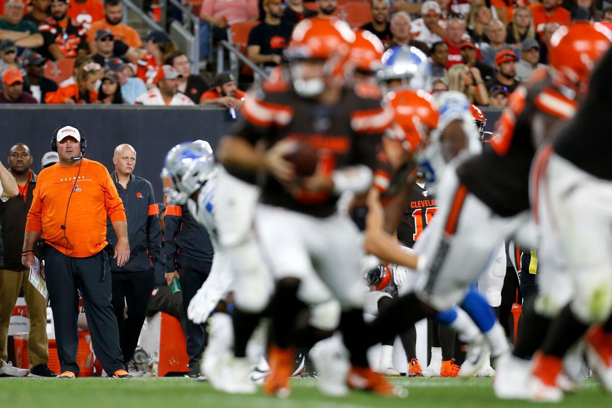 Cleveland Browns coach Freddie Kitchens watches his players during a preseason game against the Detroit Lions on Aug. 29.
