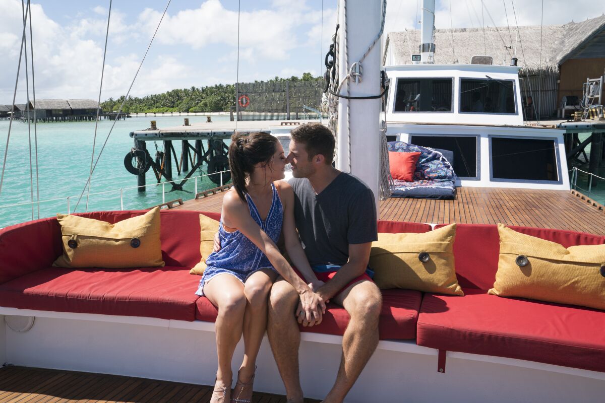 Becca Kufrin and Garrett Yrigoyen on their "last-chance date" in the Maldives on The Bachelorette.