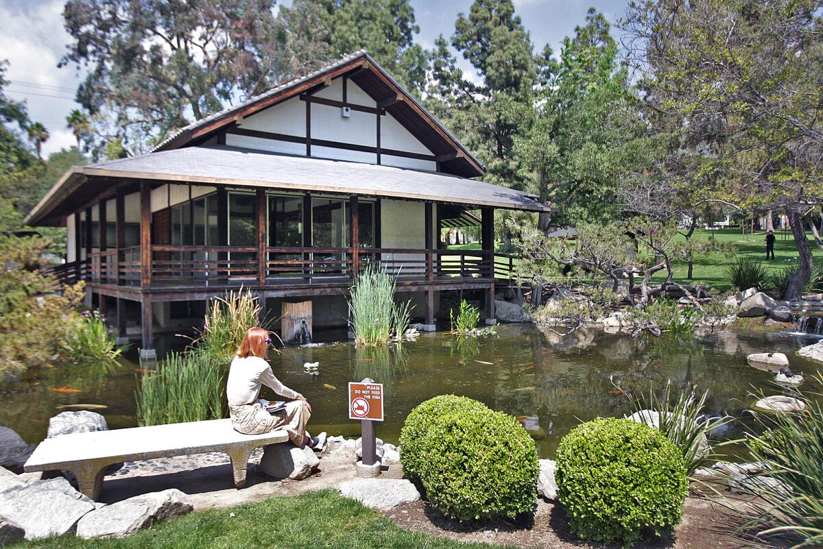 The tea house and koi pond at Shoseian "Whispering Pine" Japanese Tea House in Glendale on Tuesday, April 12, 2016. The structure is one of the only architecturally accurate Japanese tea houses open to the public in the western United States.