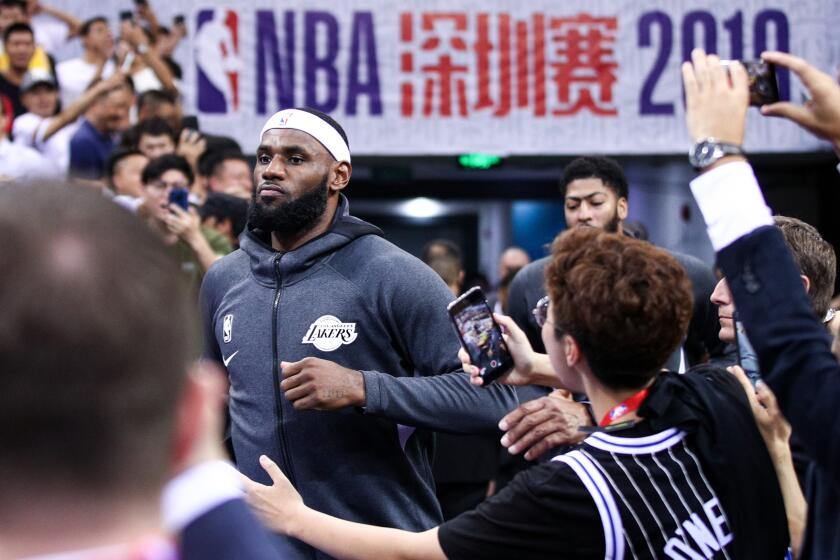 SHENZHEN, CHINA - OCTOBER 12: LeBron James #23 of the Los Angeles Lakers in action before the match against the Brooklyn Nets during a preseason game as part of 2019 NBA Global Games China at Shenzhen Universiade Center on October 12, 2019 in Shenzhen, Guangdong, China. (Photo by Zhong Zhi/Getty Images) ** OUTS - ELSENT, FPG, CM - OUTS * NM, PH, VA if sourced by CT, LA or MoD **