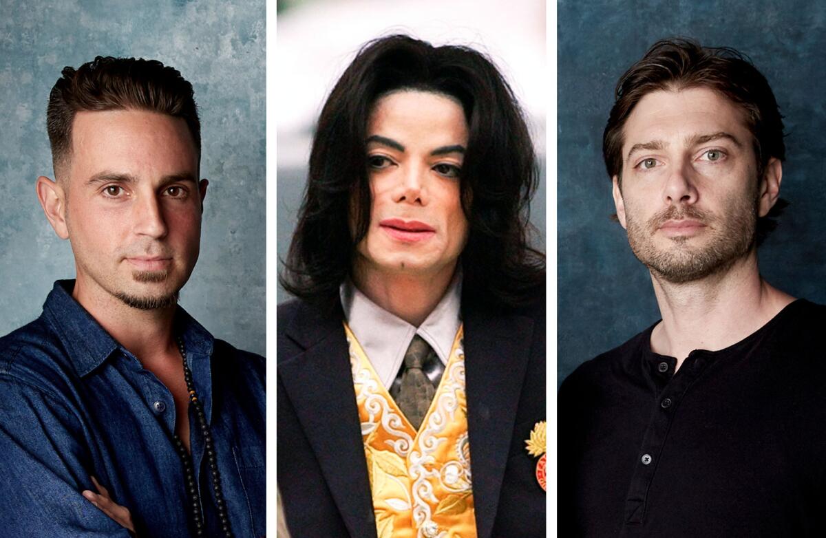 Wade Robson in a denim shirt on left, Michael Jackson in a suit in center, James Safechuck in a black shirt on right